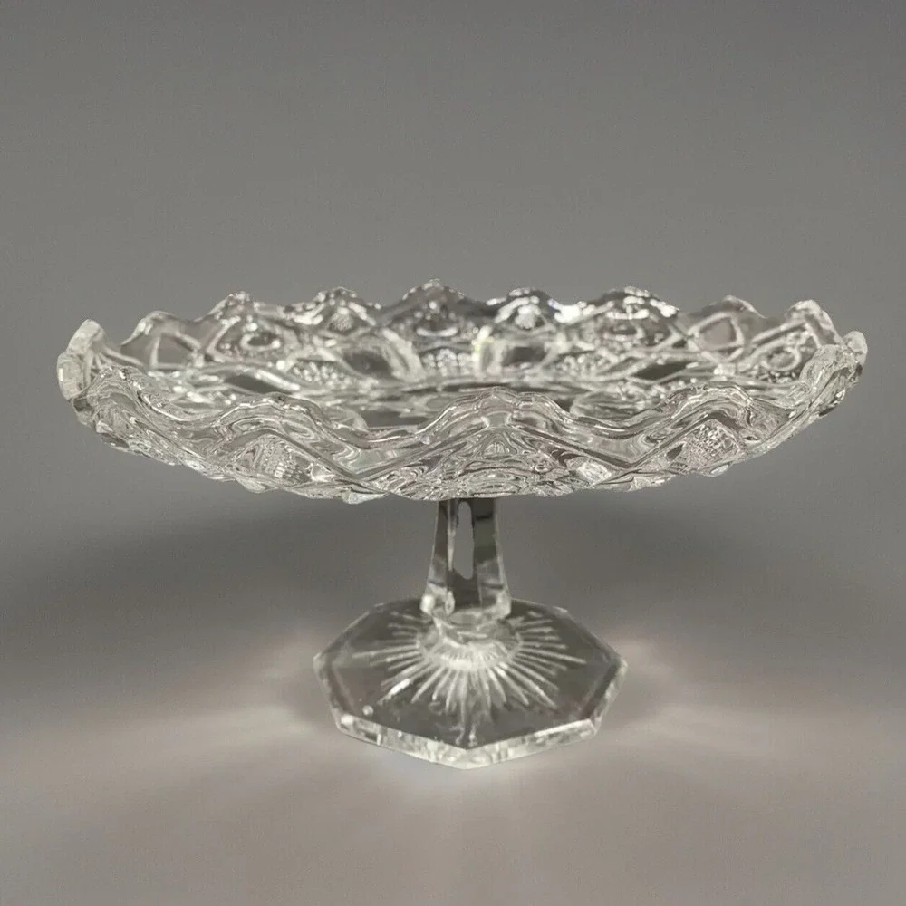 Panama EAPG Clear Pressed Glass Pedestal Cake Stand Scalloped Rim Starburst Base